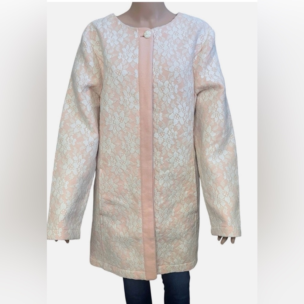 Isaac Mizrahi Lace Coat XL Button Down Mid Length Retro Coquette Pink White - Picture 3 of 8